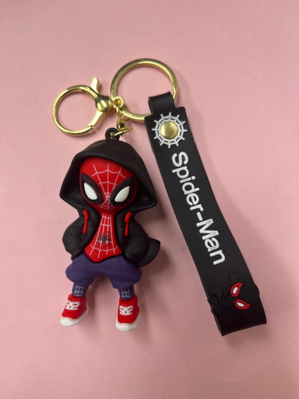 Spiderman Red, Black & Purple Hooded Keychain Charm with Gold Clip